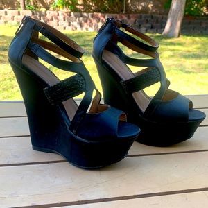 Black leather wedges
